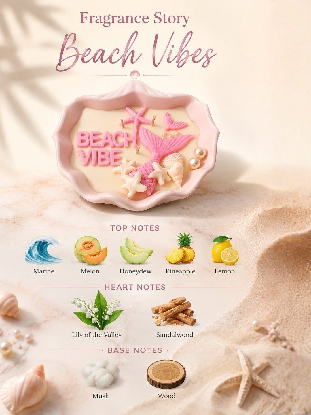 A fragrance concept graphic for 'Beach Vibes' with a pink clamshell dish containing a mermaid-themed wax melt or soap piece reading 'BEACH VIBE'. The image includes beach-themed props like shells, starfish, sand, and a seashell-shaped dish, with scent notes listed below: Marine, Melon, Honeydew, Pineapple, Lemon, Lily of the Valley, Sandalwood, Musk, and Wood.