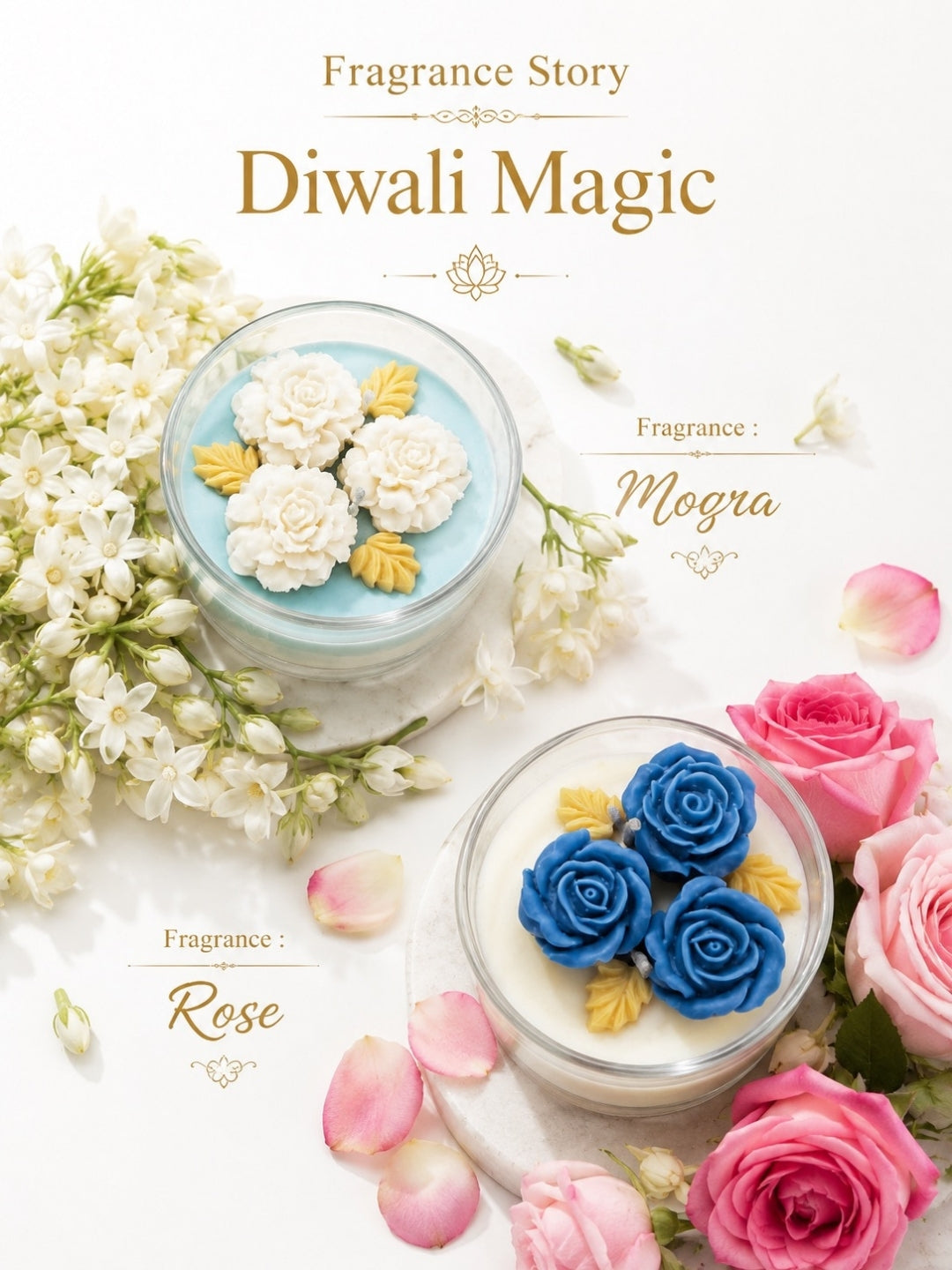 Diwali Magic Scented Candle Double Wick Gift Box | Mogra & Rose Scent | Set of 4 | Diwali