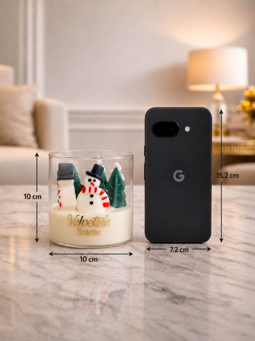 Frozen Wonder a candle jar size as compared to the google pixel phone.