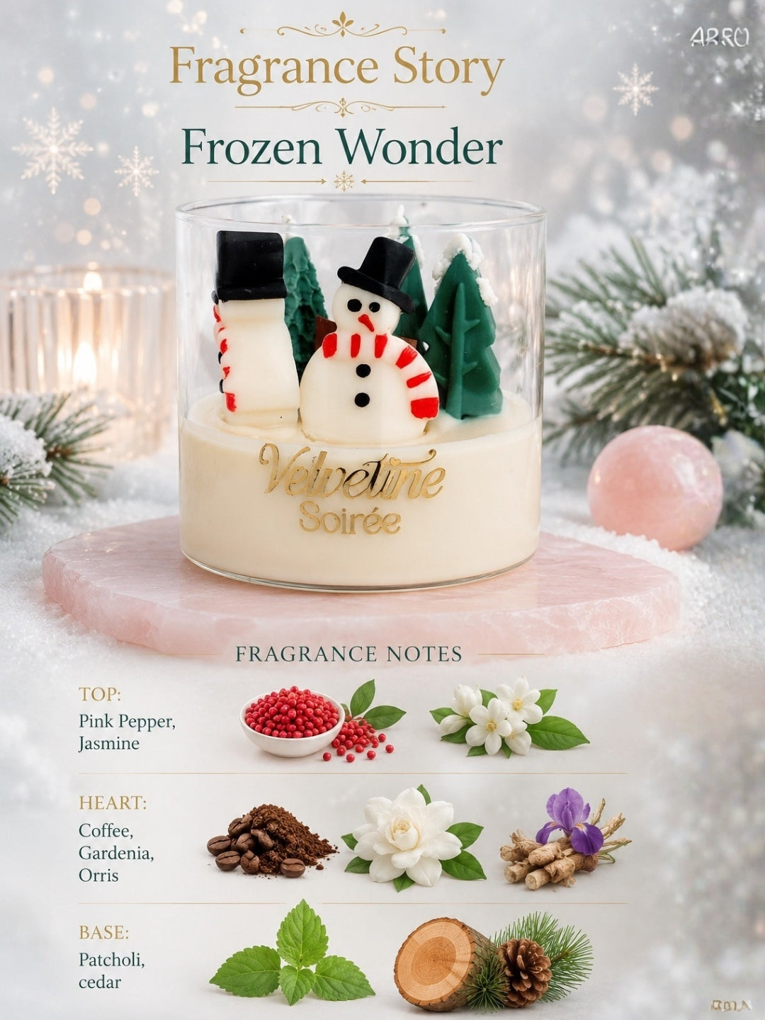 A glass jar candle labeled 'Velvetine Soçrée' with a festive winter fragrance story graphic. The candle is shown with a snowman and snowman figure topper inside a clear glass vessel, set on a pink stone slab with holiday decorations in the background.