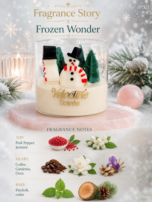 A glass jar candle labeled 'Velvetine Soçrée' with a festive winter fragrance story graphic. The candle is shown with a snowman and snowman figure topper inside a clear glass vessel, set on a pink stone slab with holiday decorations in the background.