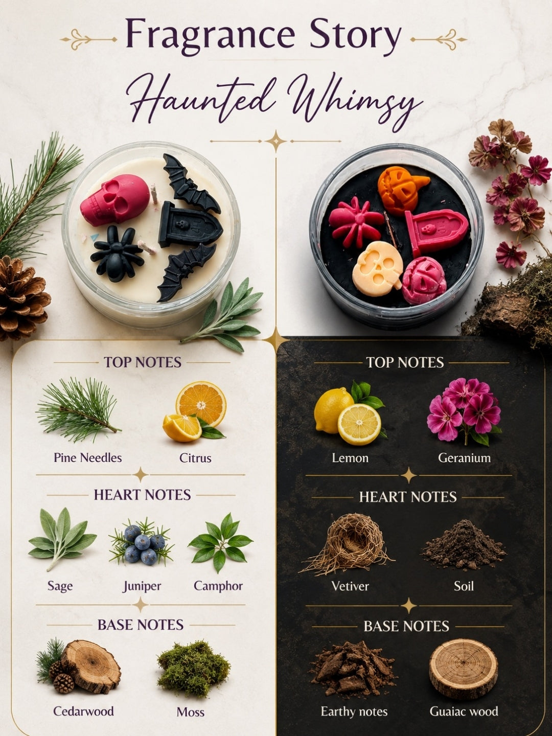 Fragrance Story of Haunted Whimsy by Velvetine Soirée. It has 4 candle jars with 2 fragrances per pair. Pine Needles, Lemon and Camphor, Vetiver and Earthy  notes will make you feel awesome