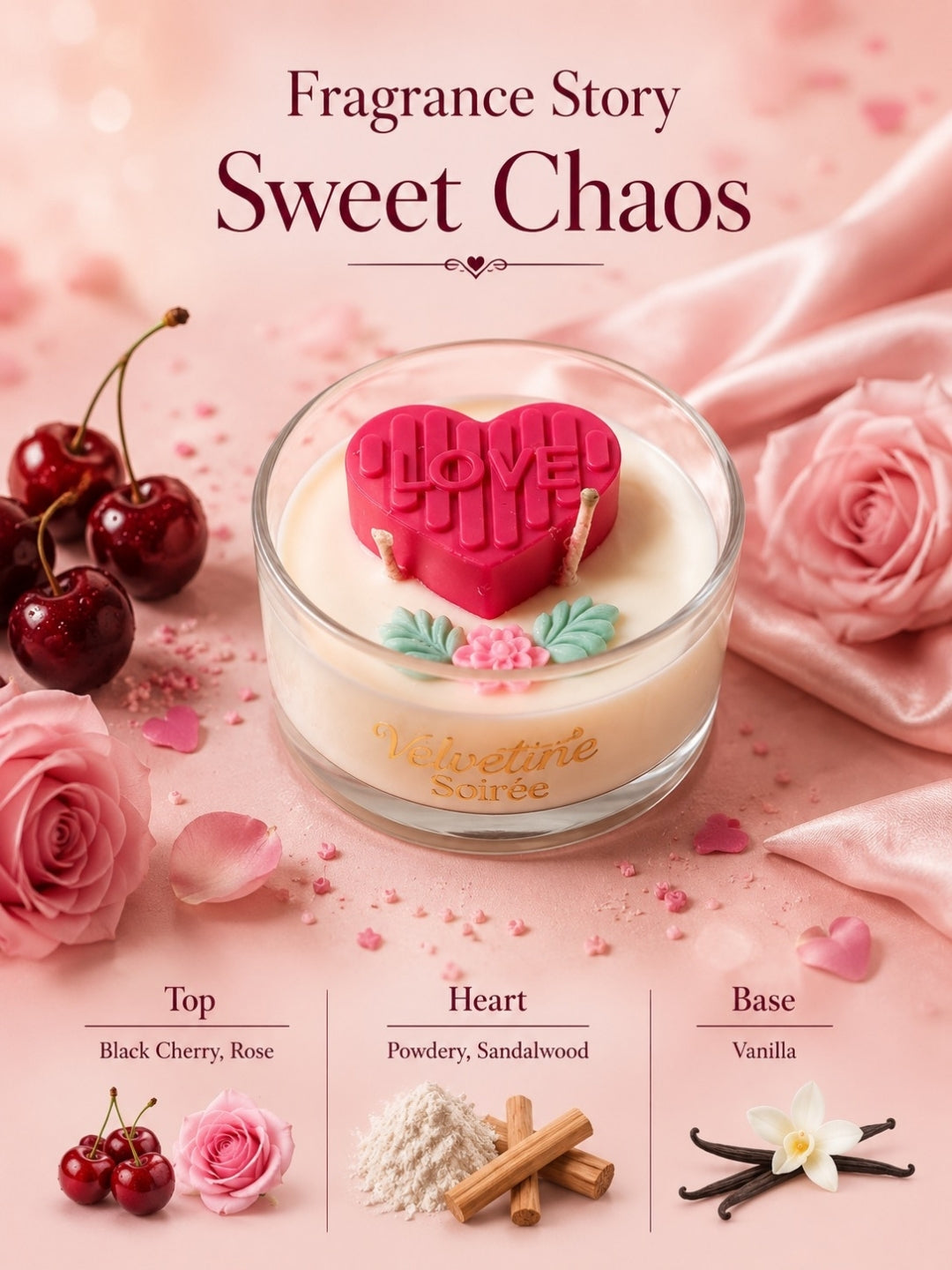 Fragrance Story of Sweet Chaos a set of 4 candle jars by Velvetine Soirée with Rose Sandalwood and vanilla