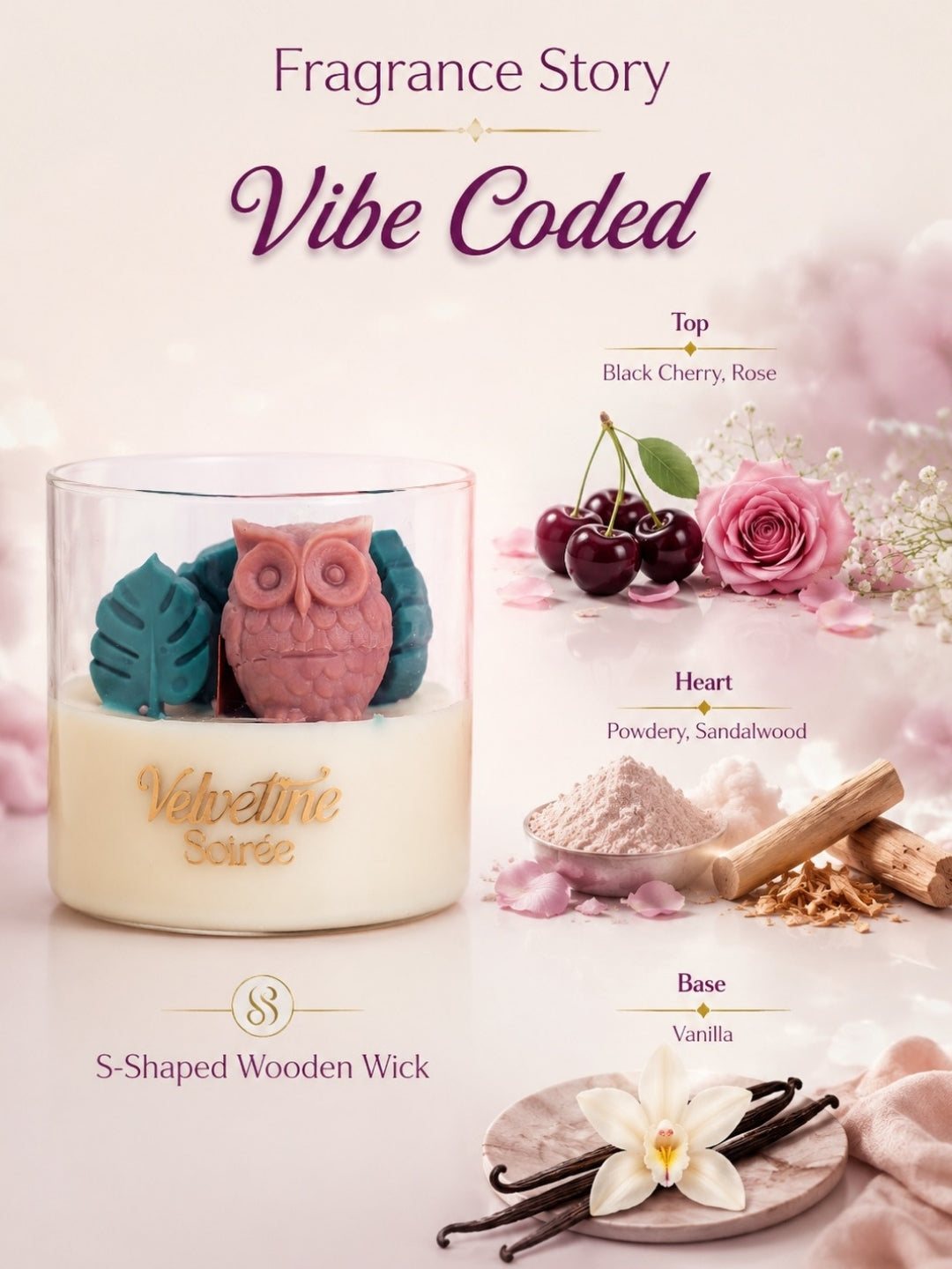 Vibe Coded Scented Candle | Cherry Rose & Vanilla  Scent | 340g | S-Shaped Wooden Wick
