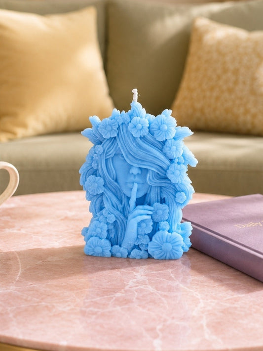 Blue Floral Beeswax Pillar Candle For Home Decor