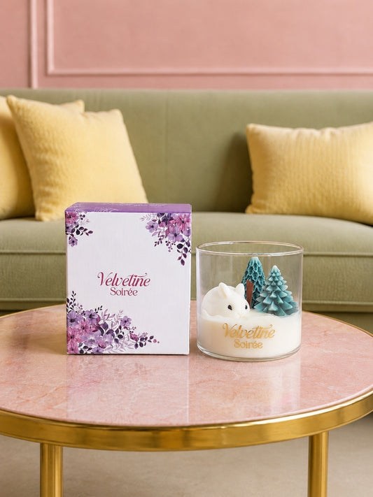 Frost n Fur Candle jar with S-shaped Wooden Wick, is placed beside beautiful floral printed Velvetine Soirée Gift Box