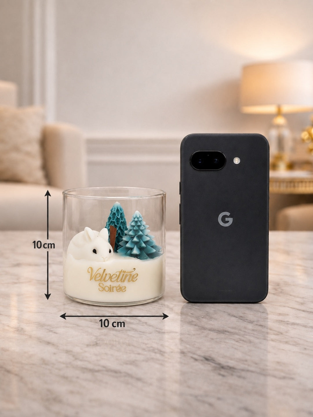 Frost  Fur Candle jar is 10cm in diameter and 10 cm in hieght it has a rabbit and pine trees along with s-shaped wooden wick. it smells pine and cedarwood like you are walking in pine forest