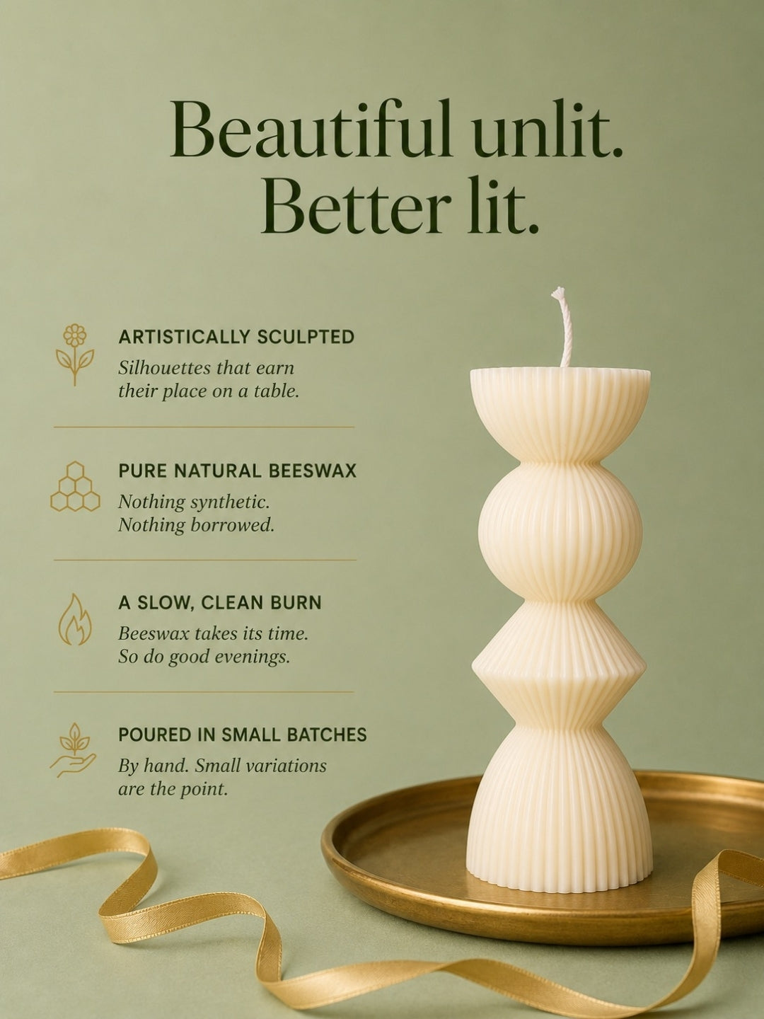 An unlit cream-colored sculptural candle with a ribbed, stacked geometric design, displayed on a gold tray against a sage green background with descriptive text and gold ribbon accents.