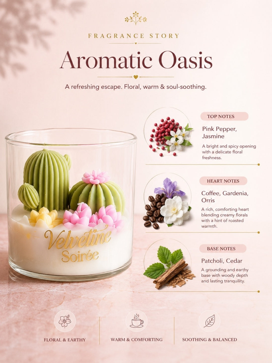 Aromatic Oasis Patchouli Scented Candle jar with Coffee and Gardenia