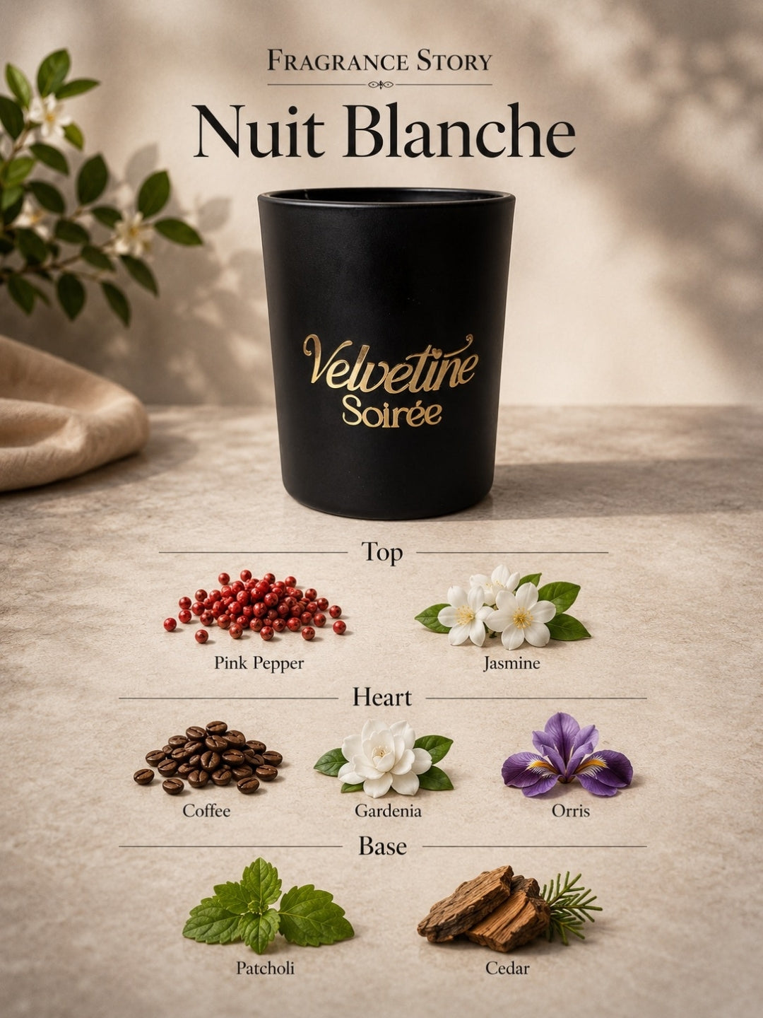 A black candle jar labeled 'Velvetine Soirée' with gold lettering, shown on a beige surface with fragrance notes for 'Nuit Blanche' above and below it. The design includes pink pepper berries, jasmine flowers, coffee beans, gardenia, a purple orchid, patchouli, and cedar pieces, with the text 'Fragrance Story' at the top.