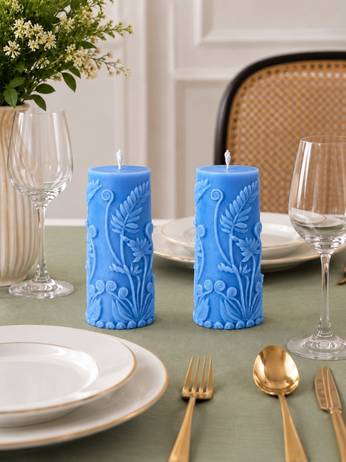 Velvetine Soirée Beeswax Pillar Candle 2 Blue floral beeswax candles