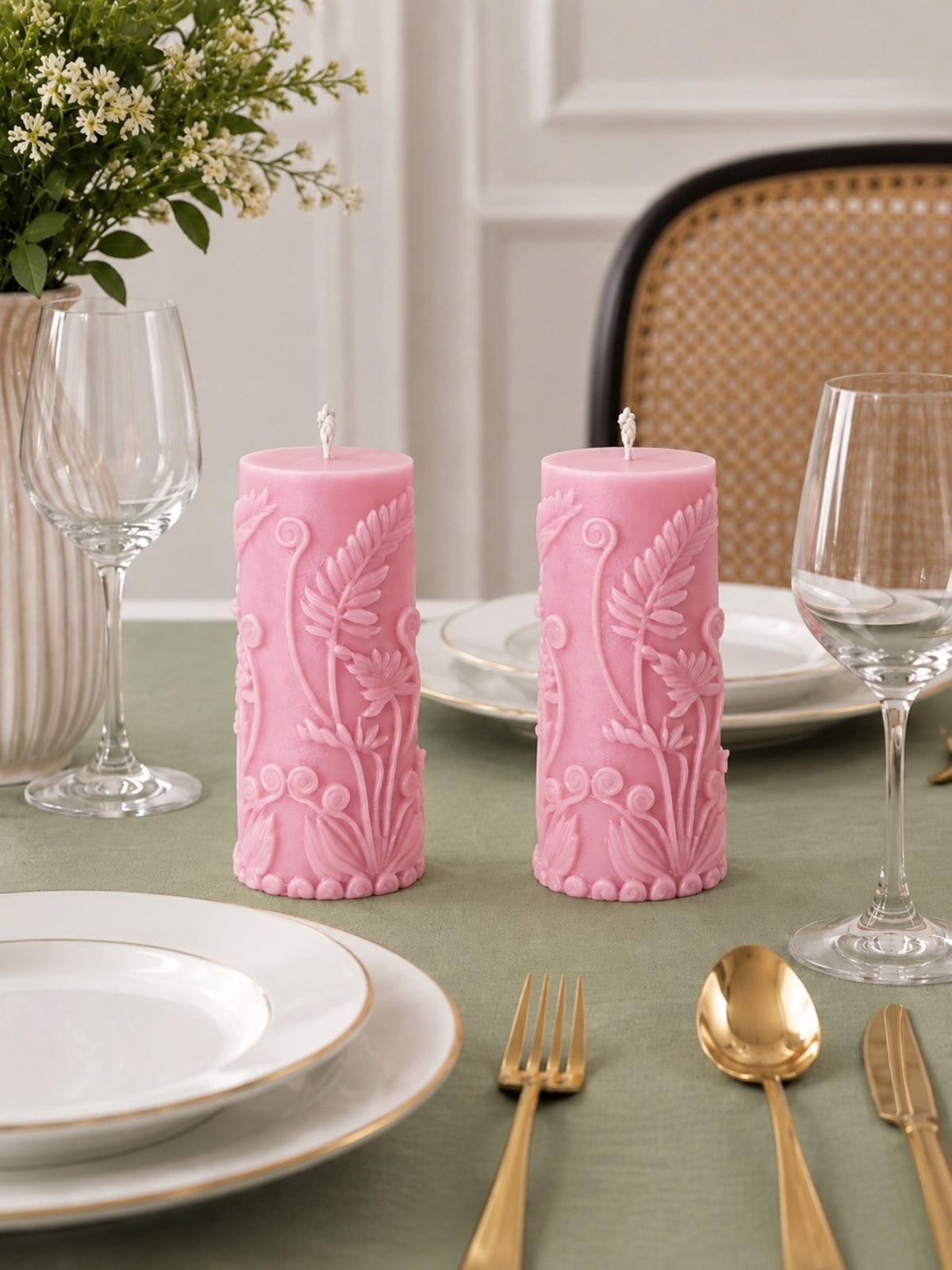 Velvetine Soirée Beeswax Pillar Candle 2 Pink floral beeswax candles