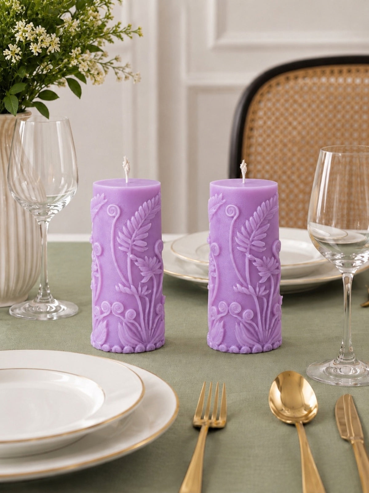 Velvetine Soirée Beeswax Pillar Candle 2 Lilac floral beeswax candles