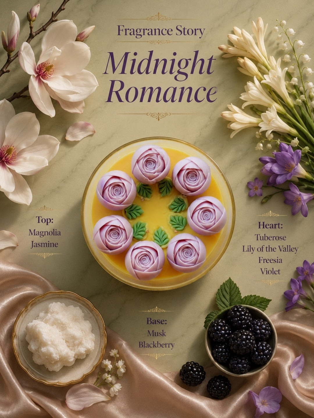 Fragrance Story of Midnight Romance Candle Jar that shows the top notes magnolia and jasmine scented candles