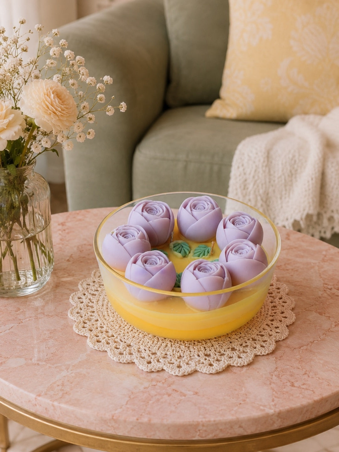 Midnight Romance Candle Jar on a Table beside couch shown as aesthetic table decor
