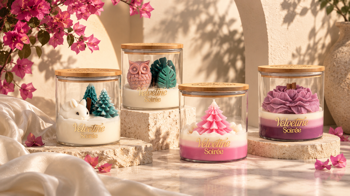 Four decorative glass jars with bamboo lids arranged on stone pedestals in a warm, sunlit setting. The jars contain layered wax melts or soaps with winter and floral motifs, including a white bunny with a blue pine tree, a pink owl with green leaves, a pink Christmas tree, and a purple flower.