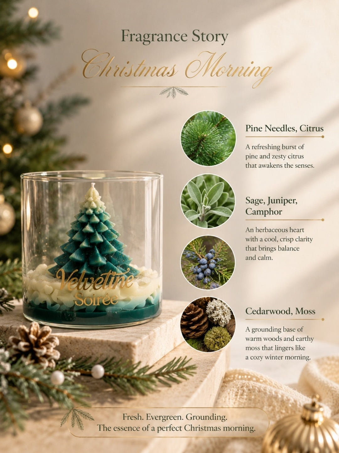 Fragrance Story of Christmas Morning with Fresh Grounding and ever green fragrance
