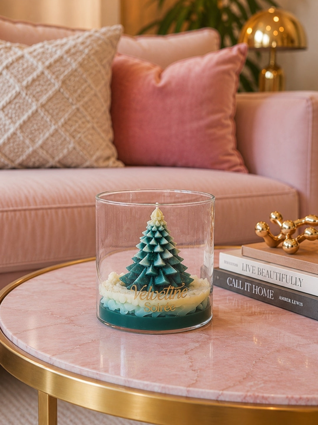 Christmas Morning Candle Jar on pink marble table with pine needles and pine forest fragrance