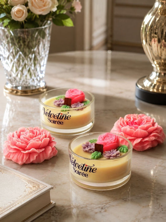 Two small glass jars of Velvetine Soirée candles with Coconut wax and pink roses decorations, styled on a marble tabletop with pink peony flowers and