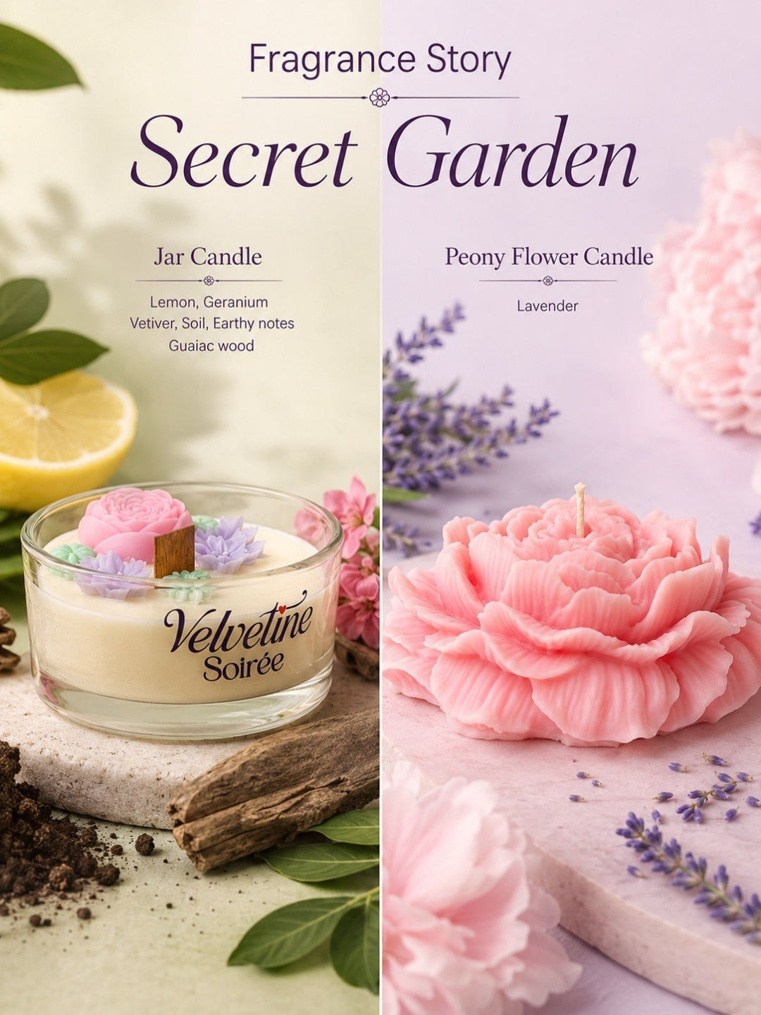 A split promotional graphic for a candle fragrance story titled 'Secret Garden.' The left half shows a glass jar candle labeled 'Velvetine Soirée' with pink and purple flower decorations, lemon slices, green leaves, and dark soil notes. depicting Fragrance Story of the candle jars and decorative candles