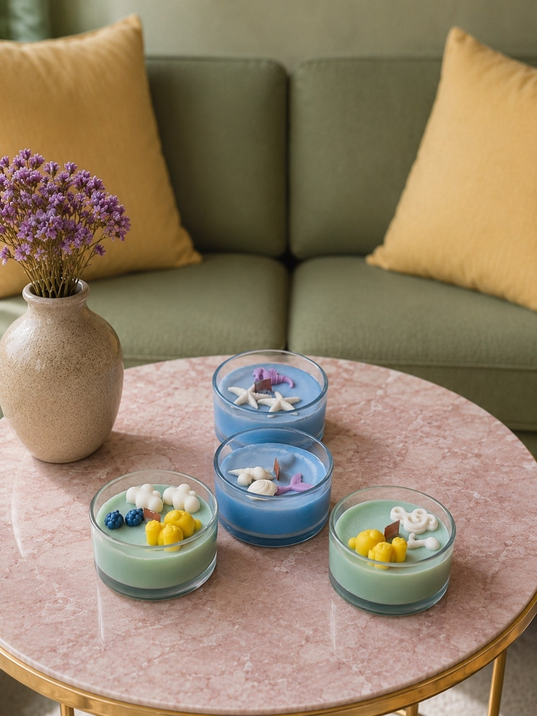 These are Velvetine Soirée candle jars from Natures Symphony with four  decorative candles in jars with blue, mint green, and marine fragrance, each topped with small starfish and, forest green jars have woody and pine tree fragrance arranged on a round pink marble table in a living room setting. 