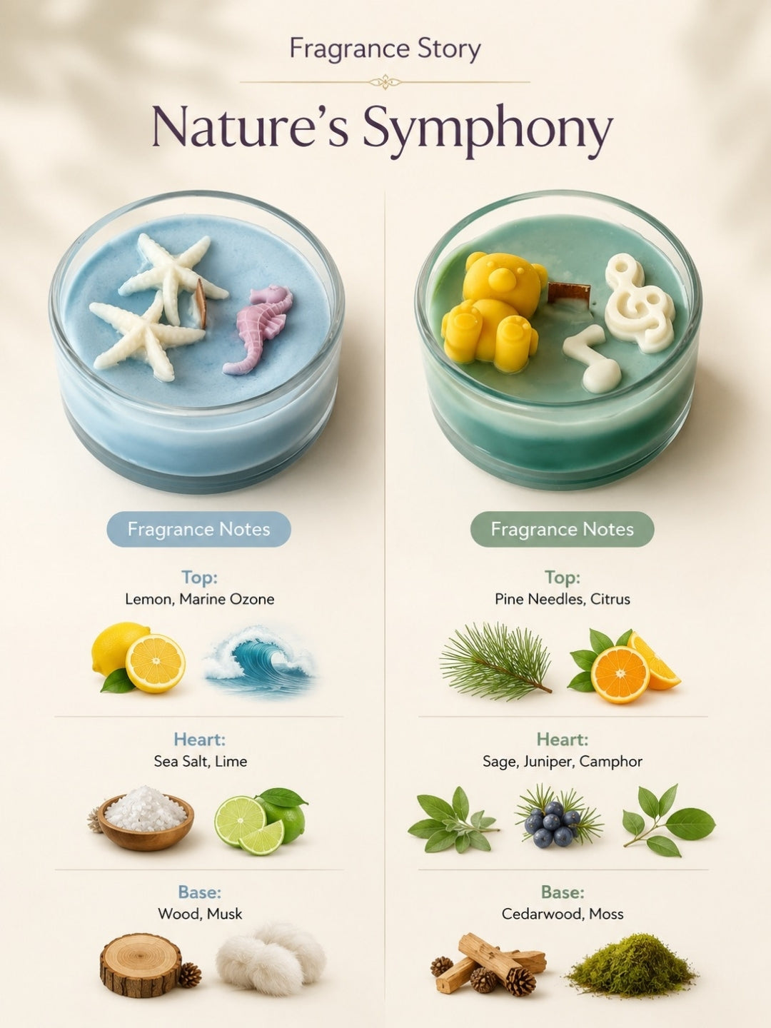 A fragrance concept graphic titled 'Nature's Symphony' showing two scented candles with decorative wax shapes and ingredient illustrations below, labeled with fragrance notes such as lemon, marine ozone, pine needles, citrus, sage, juniper, camphor, cedarwood, and moss.