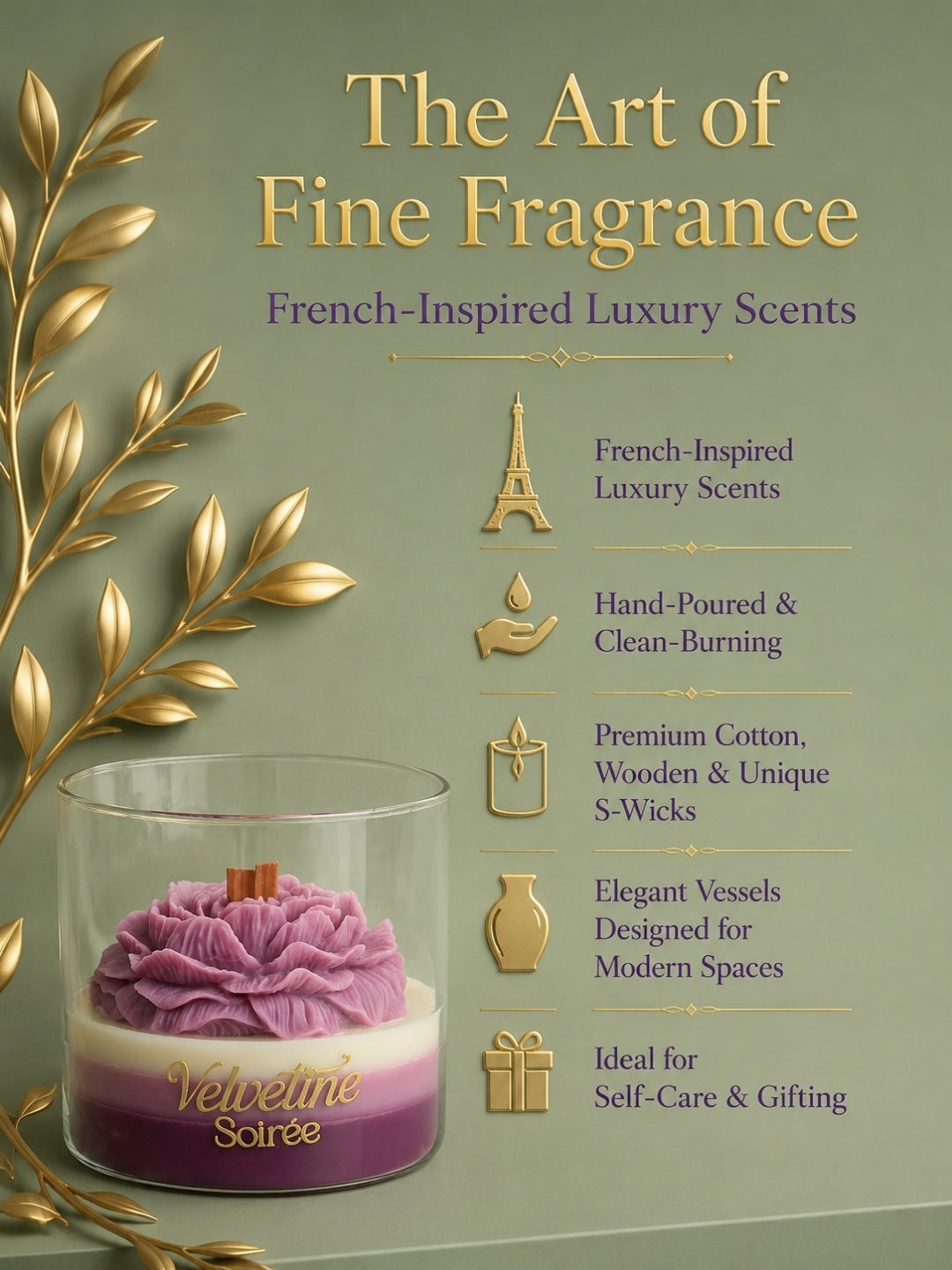 Vevletine Soirée candles are french-inspired luxury scents, handpoured and clean burning. they have premium cotton, wooden and unique S shaped wooden wicks, ideal for self-care and gifting